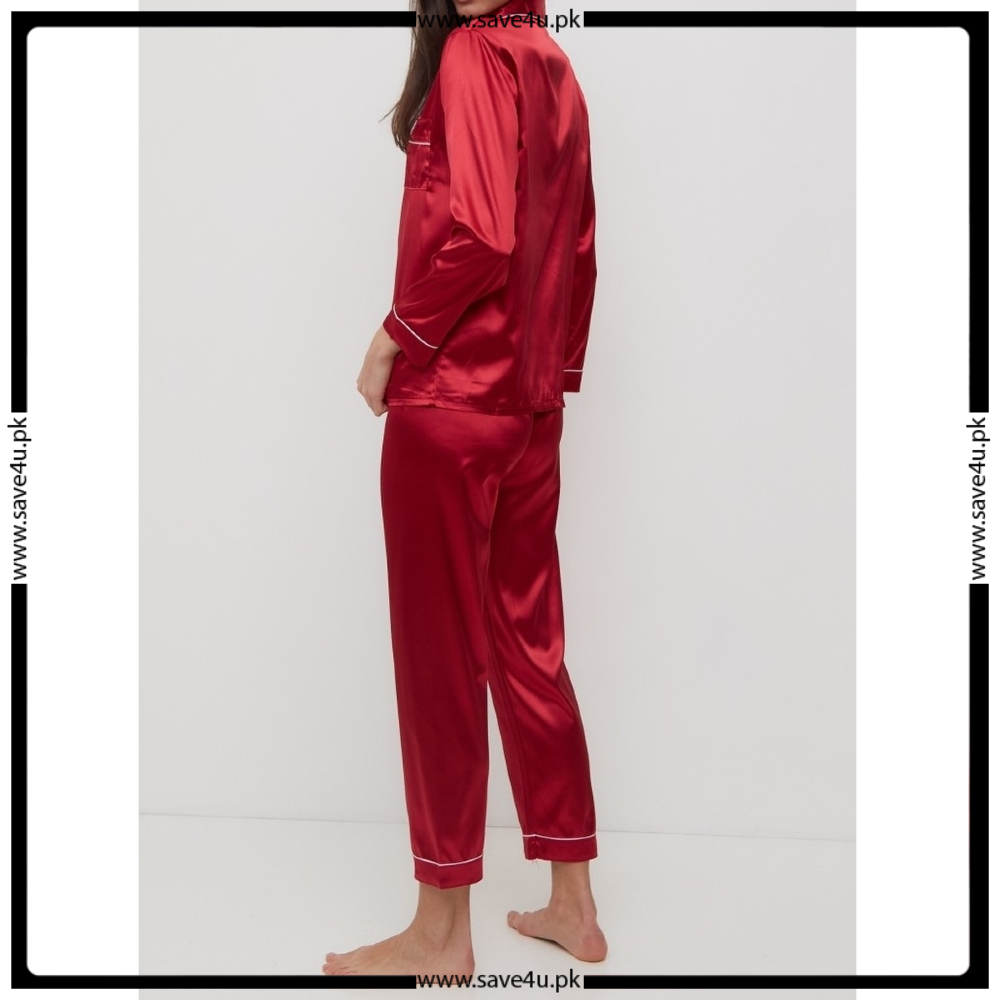 Satin Silk Pajamas Set V Neck Notched Collar