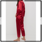 Satin Silk Pajamas Set V Neck Notched Collar