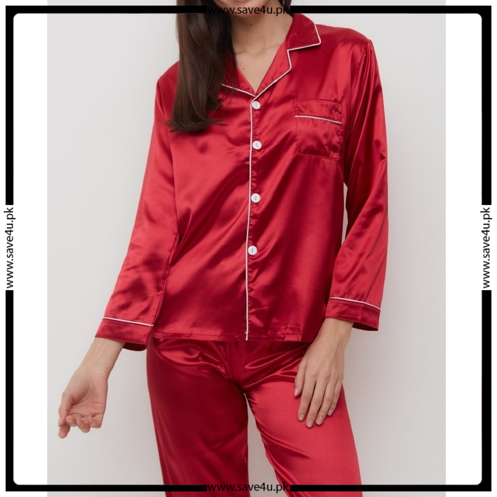 Satin Silk Pajamas Set V Neck Notched Collar Secondary image