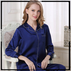 Satin Silk Pajamas Set V Neck Notched Collar