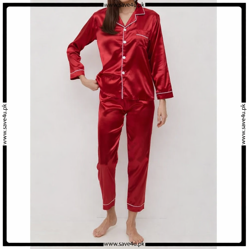 Satin Silk Pajamas Set V Neck Notched Collar Main image