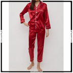 Satin Silk Pajamas Set V Neck Notched Collar