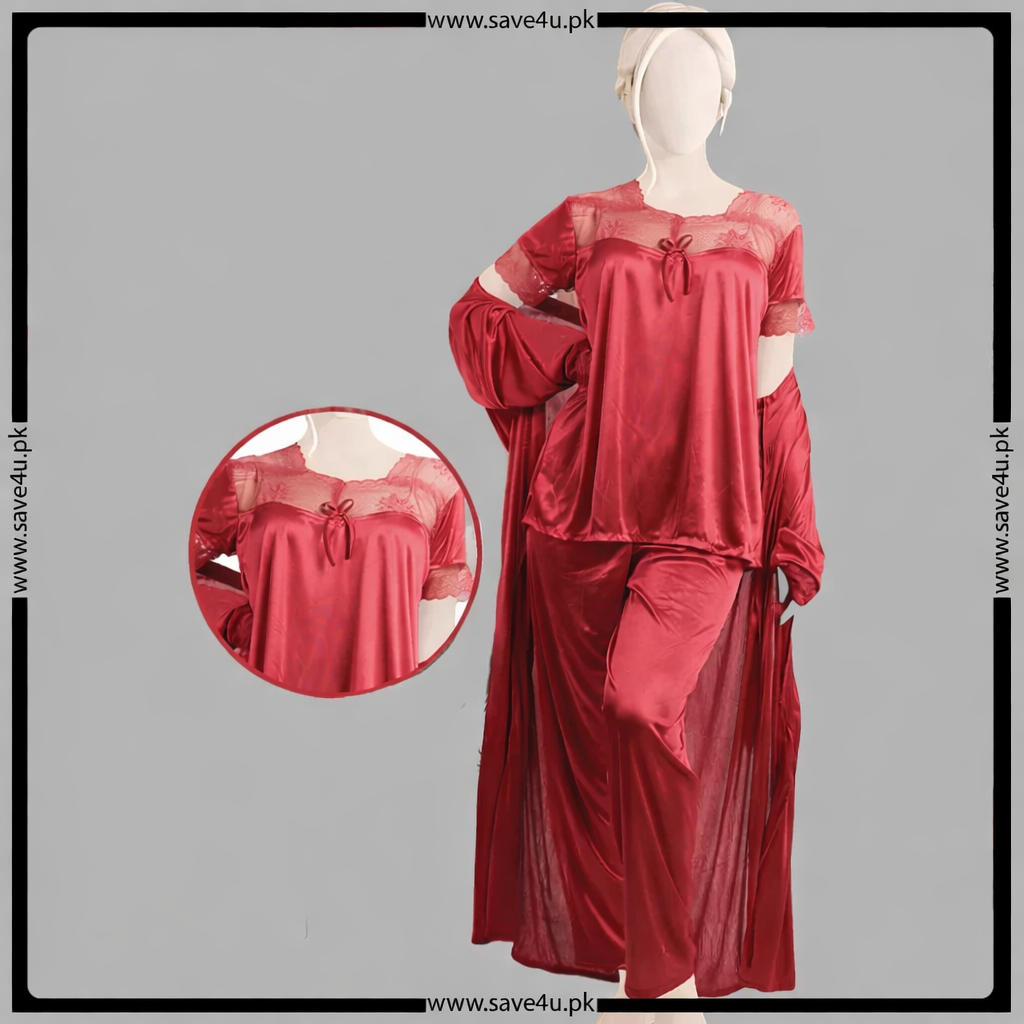 3 Pcs Satin Silk Pajama Set With Nightygown Main image