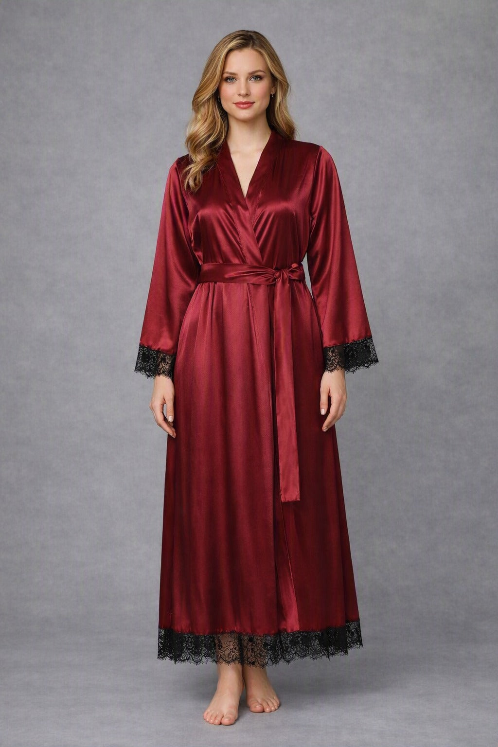 Satin Silk Long kimono Robe Night Gown with Lace
