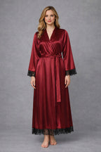 Satin Silk Long kimono Robe Night Gown with Lace