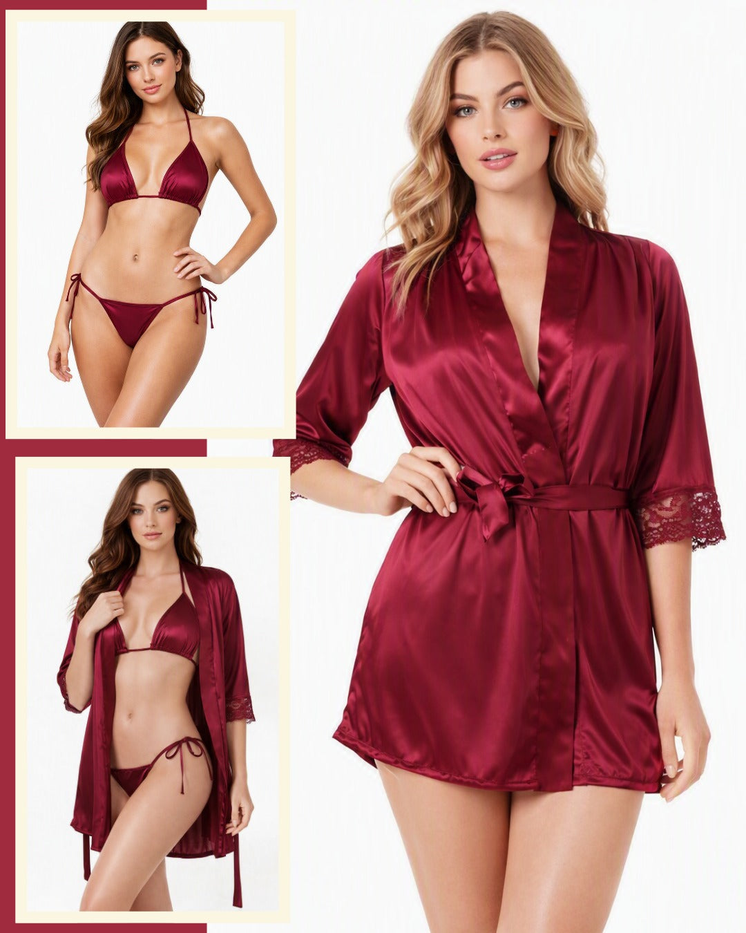 Ladies 3-Pcs Silk Robe and Bikini Set Nightwear Lingerie
