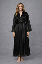 Satin Silk Long kimono Robe Night Gown with Lace