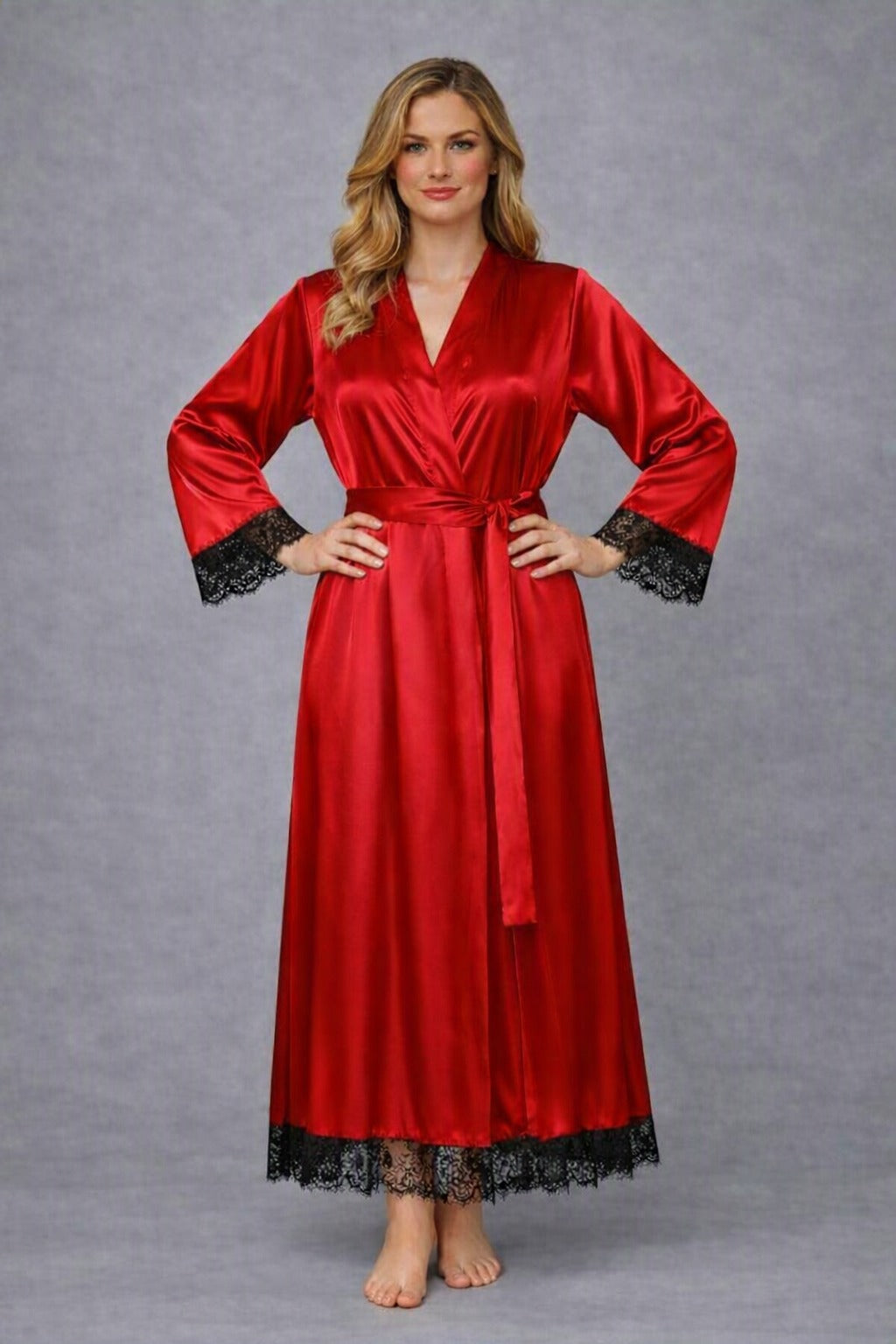 Satin Silk Long kimono Robe Night Gown with Lace