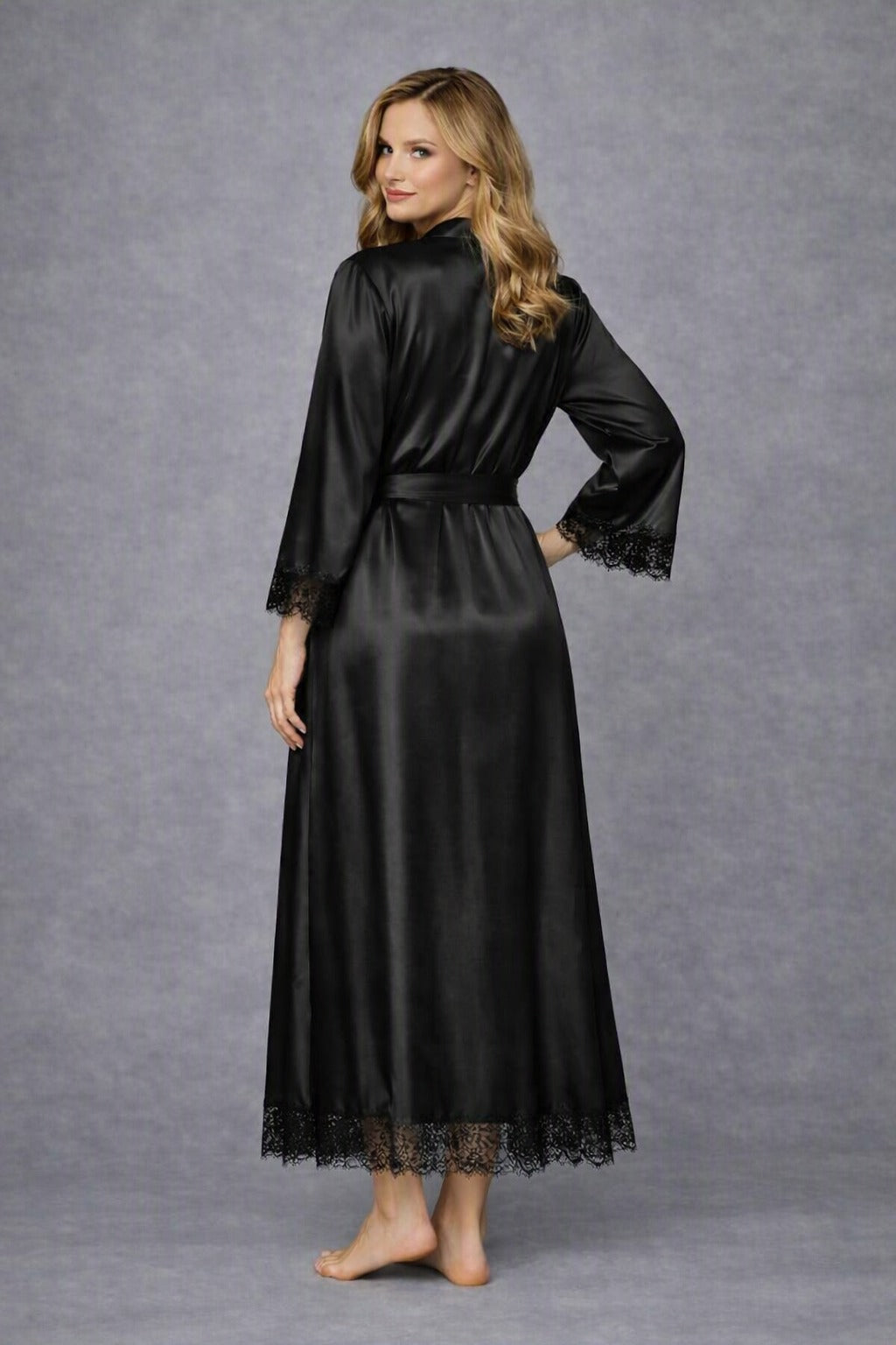 Satin Silk Long kimono Robe Night Gown with Lace