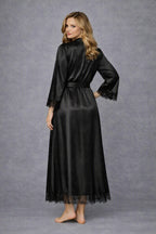 Satin Silk Long kimono Robe Night Gown with Lace