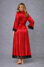 Satin Silk Long kimono Robe Night Gown with Lace