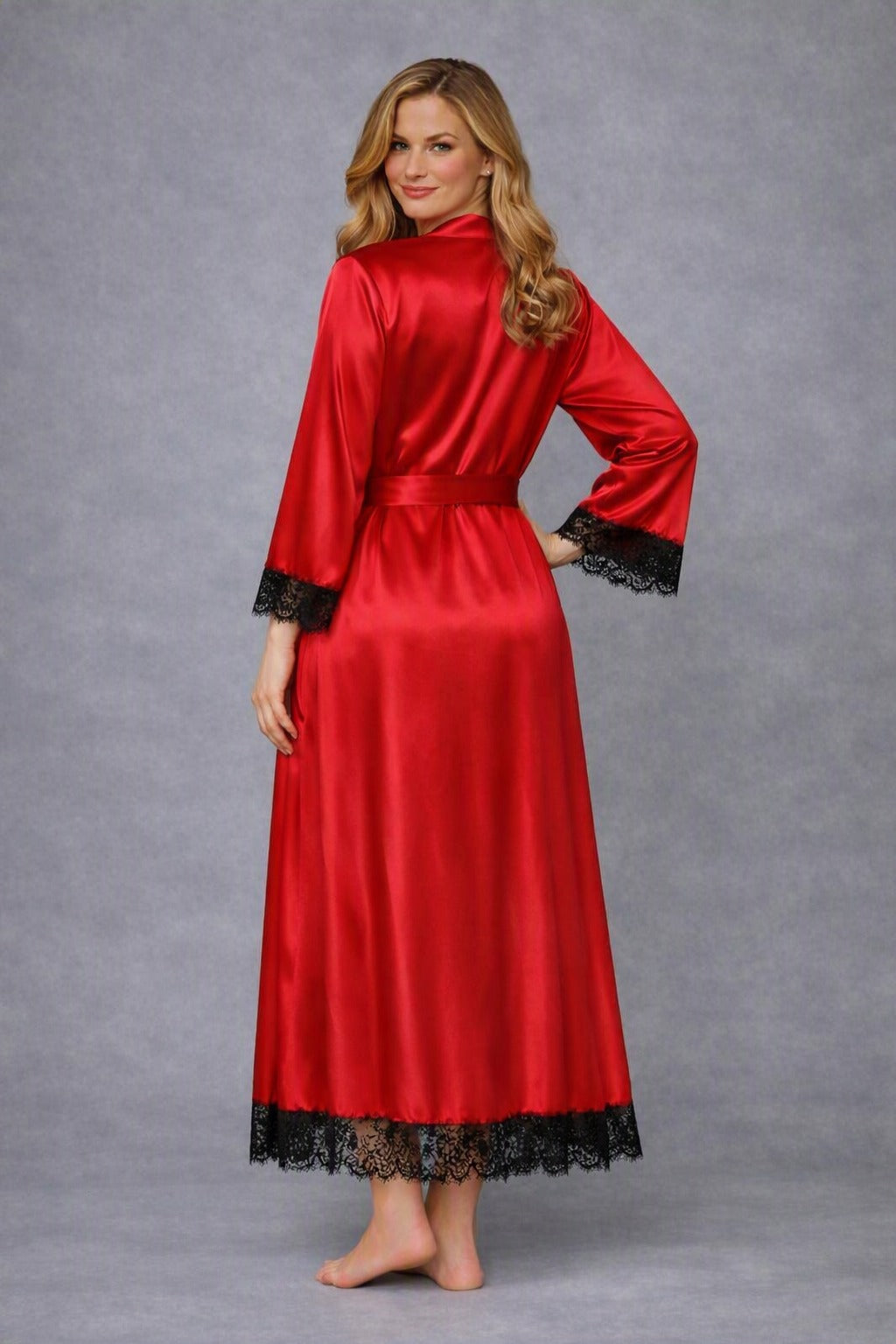 Satin Silk Long kimono Robe Night Gown with Lace