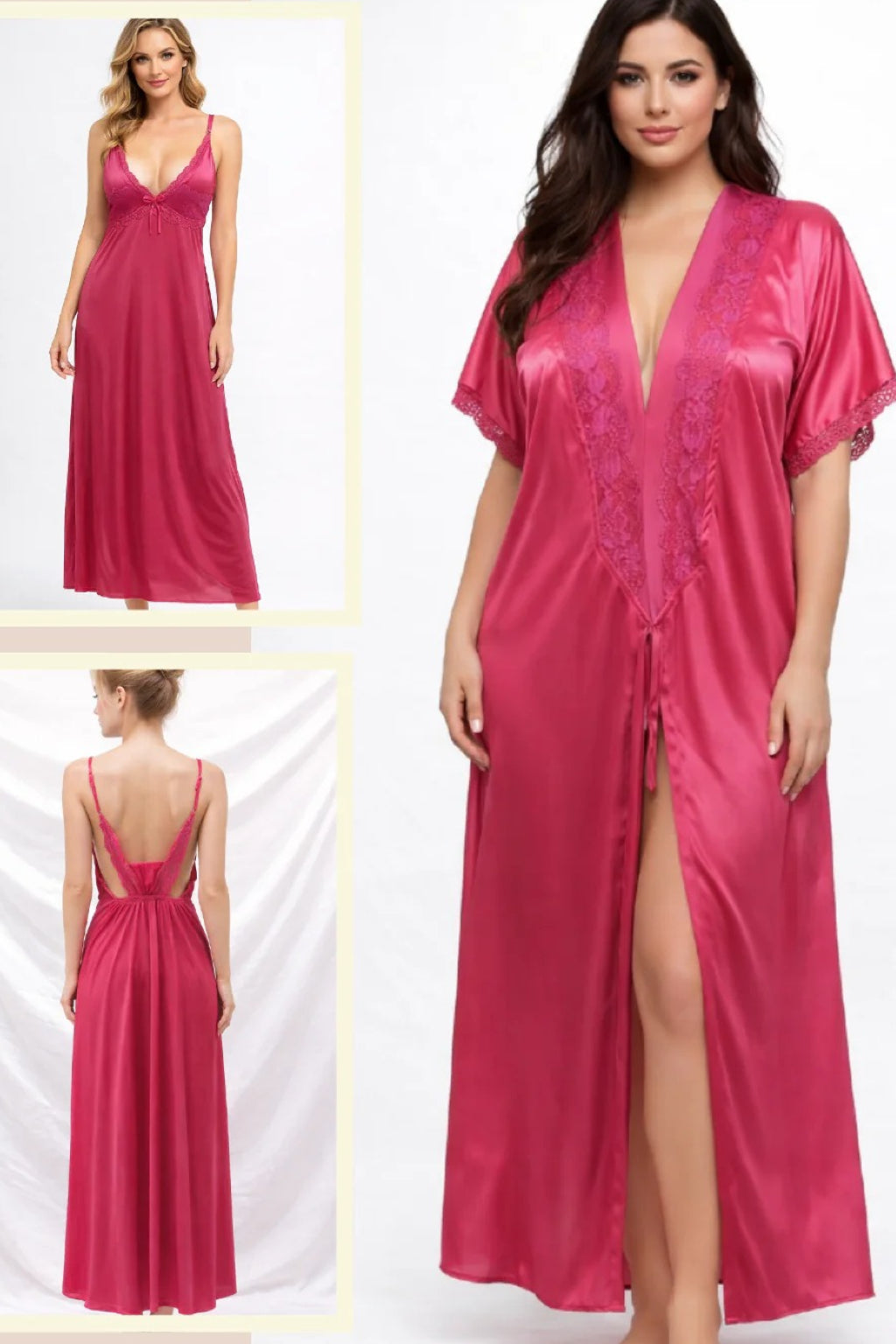Satin 2 Pcs Lace V Neck Full Slip Nightgown and Robe Main image