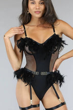 Fish Net Feather Plume Bodysuit With Garter