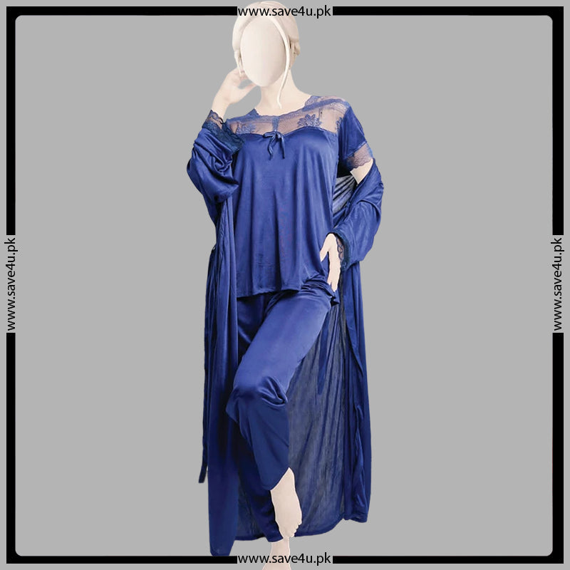 3 Pcs Satin Silk Pajama Set With Nightygown Secondary image