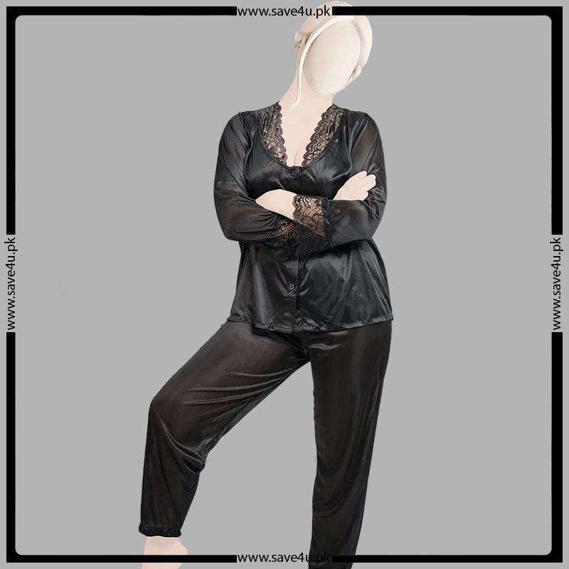 Satin Silk Lace-Trimmed Smooth Pajama Set Secondary image
